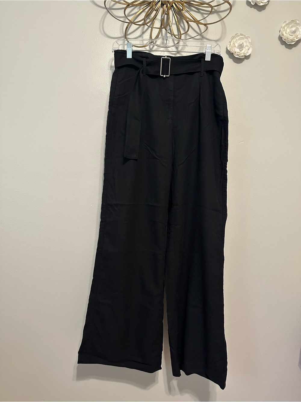 WHBM High-Rise Black Wide-Leg Linen Pants with Belt